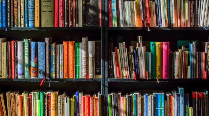 A bookshelf filled with different colored books.